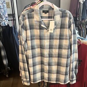 Vince Hemp and Cotton Plaid Flannel Camp Shirt